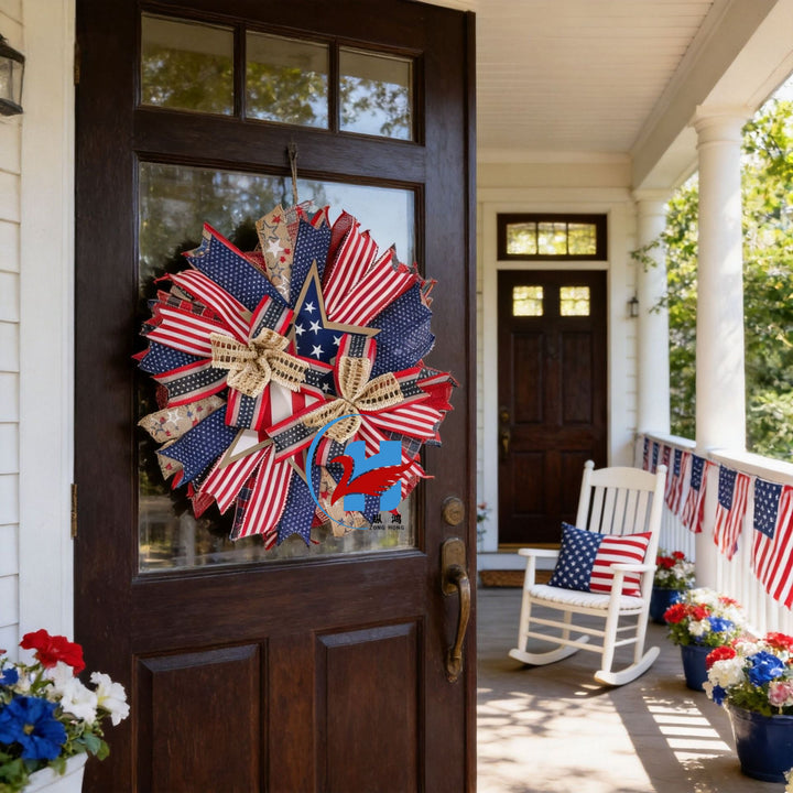 Unisex nan handcrafted patriotic star wreath with layered wooden stars, burlap ribbons and wired accents Bowlift