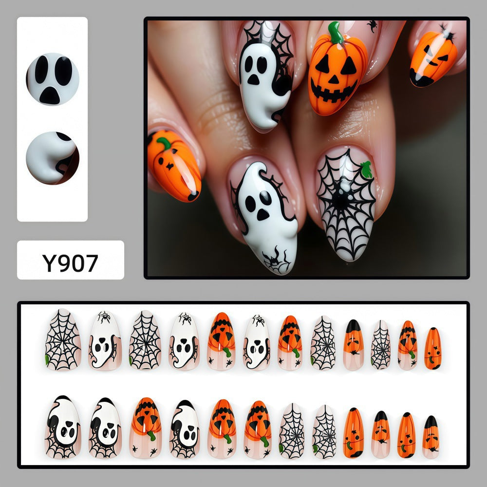 Halloween-themed artificial nails with spooky ghost and pumpkin design Bowlift