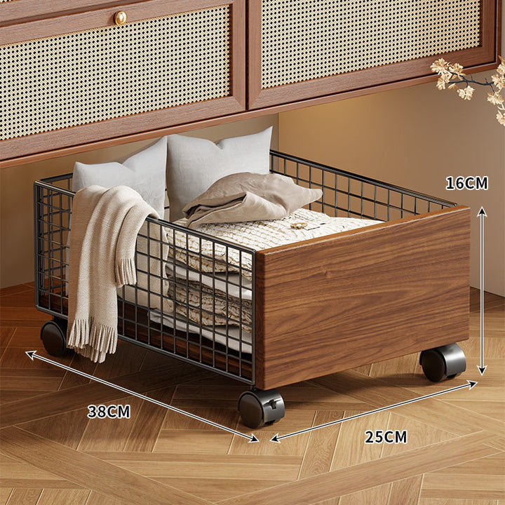 Underbed Rolling Wire Storage Drawer with Wooden Front and Locking Casters