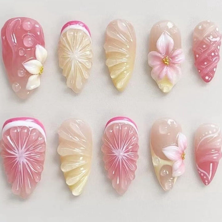 Artificial nails with 3D flower and fruit designs Bowlift