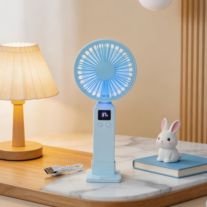 Portable hand-held fan with digital temperature display and multiple speed control Bowlift