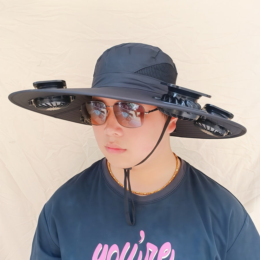 Wide-brimmed sun hat with detachable swivel solar fans and adjustable chin strap Bowlift