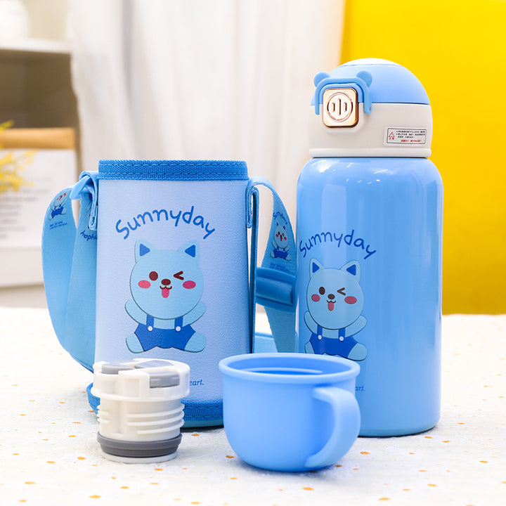 Insulated drinking bottle with practical carrying strap and cheerful cat motif Bowlift