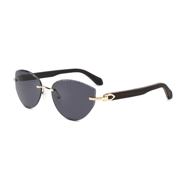 Rimless oversized cat eye polarized sunglasses with wood-effect temples Bowlift