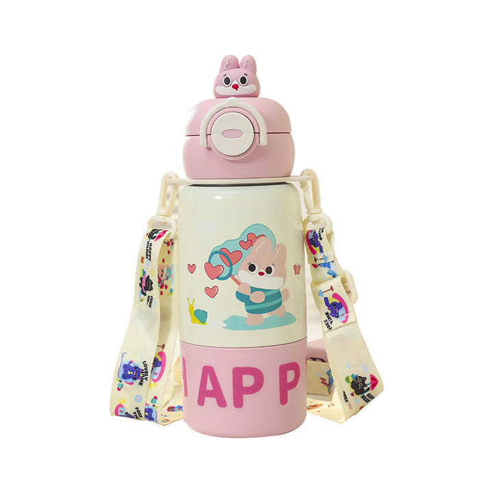Women's insulated drink bottle with practical carrying strap and cute cat design Bowlift