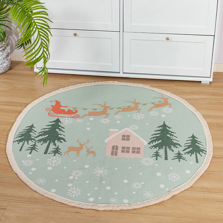 Round woven rug with mandala motif, flat cotton-jute mix and fringes Bowlift