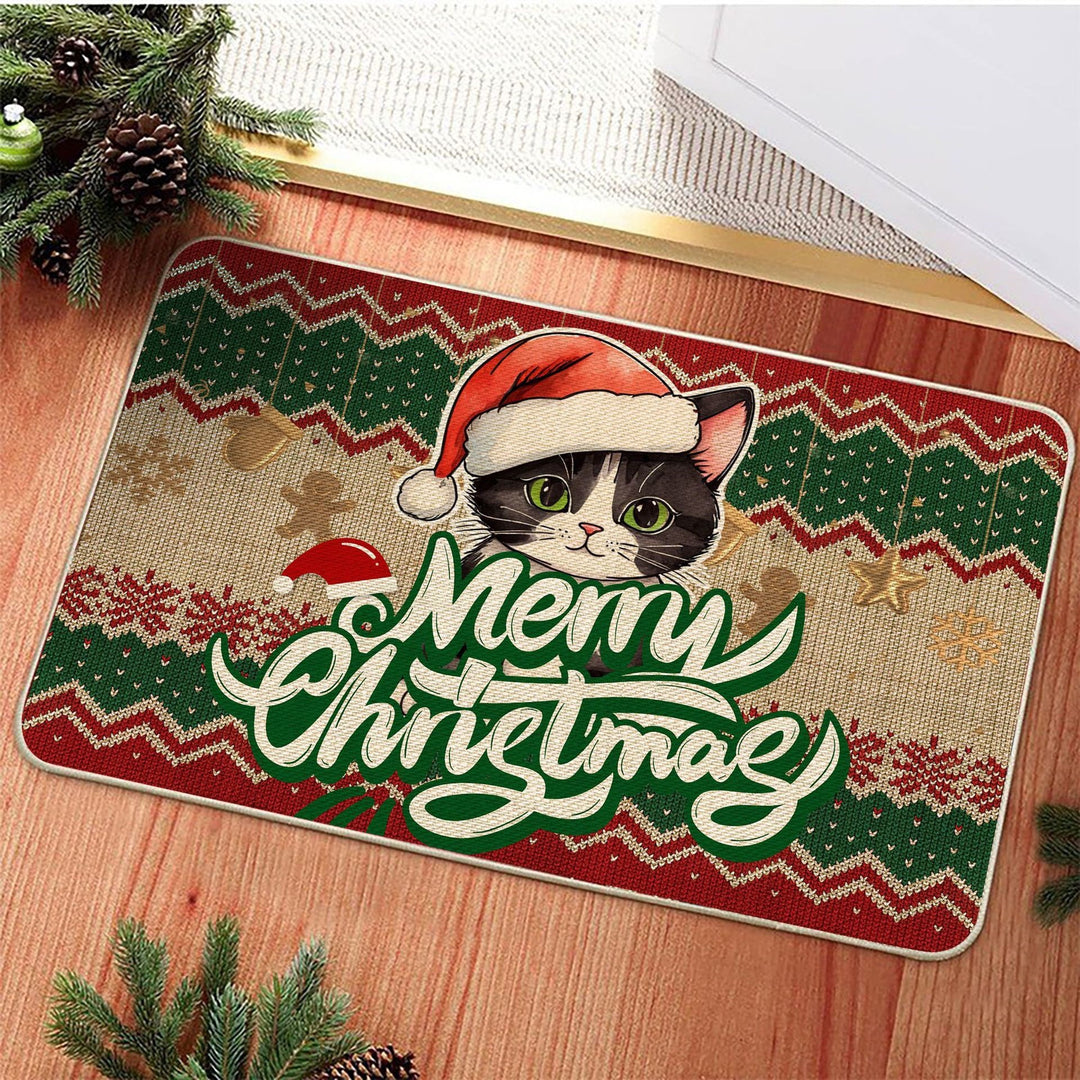 Christmas-Themed Cat Design Welcome Mat Bowlift