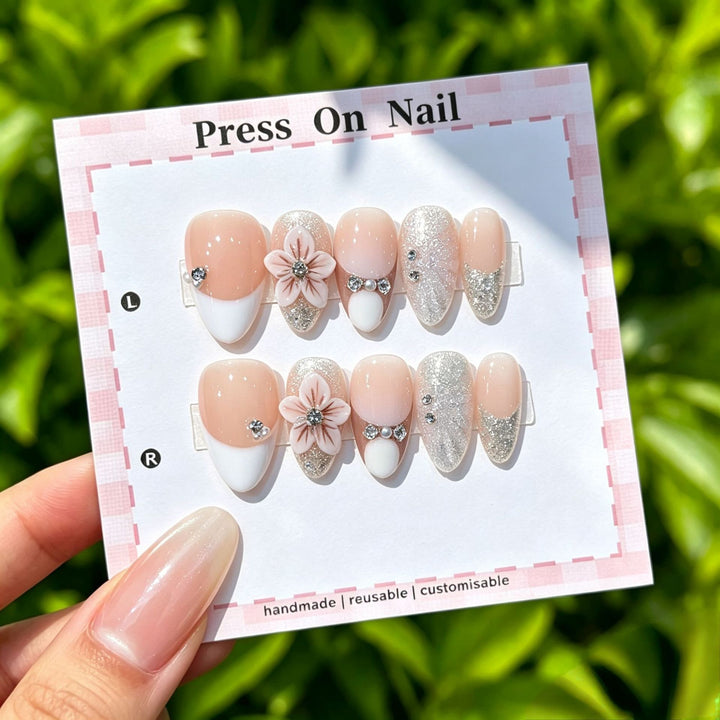 Artistic Press-On Nail Set with Floral and Graphic Designs
