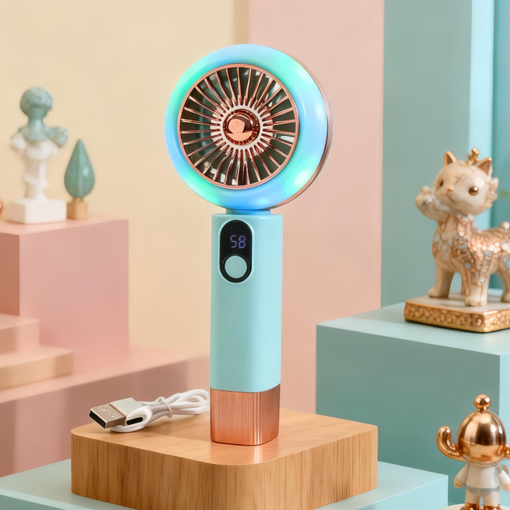 Portable handheld fan with LED light and digital display Bowlift