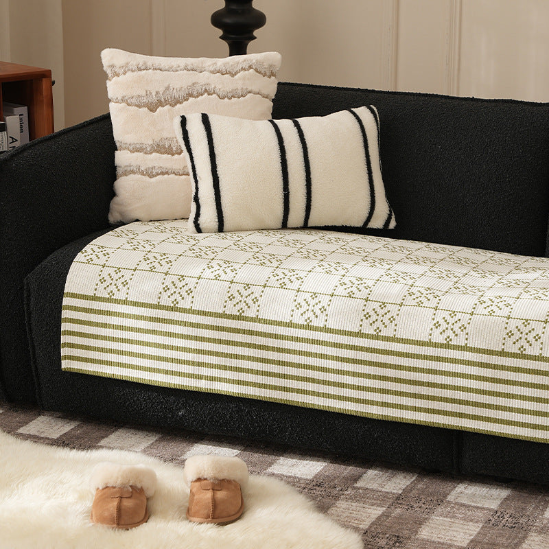 Jacquard-woven cotton kitchen towel with check pattern and striped trim