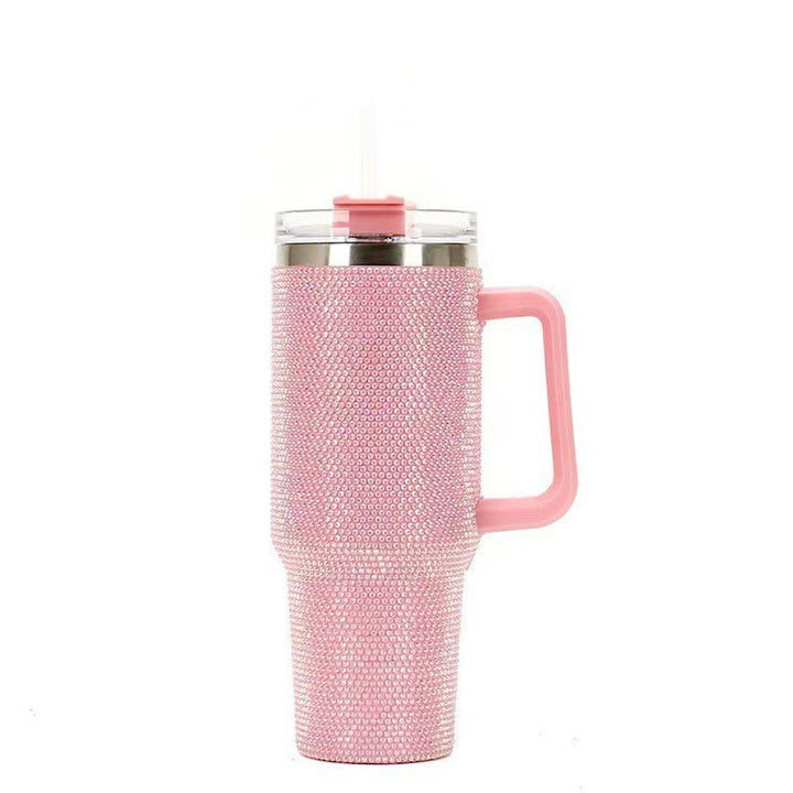 Insulated Stainless Steel Rhinestone Travel Tumbler With Ergonomic Handle And Spill-Resistant Lid