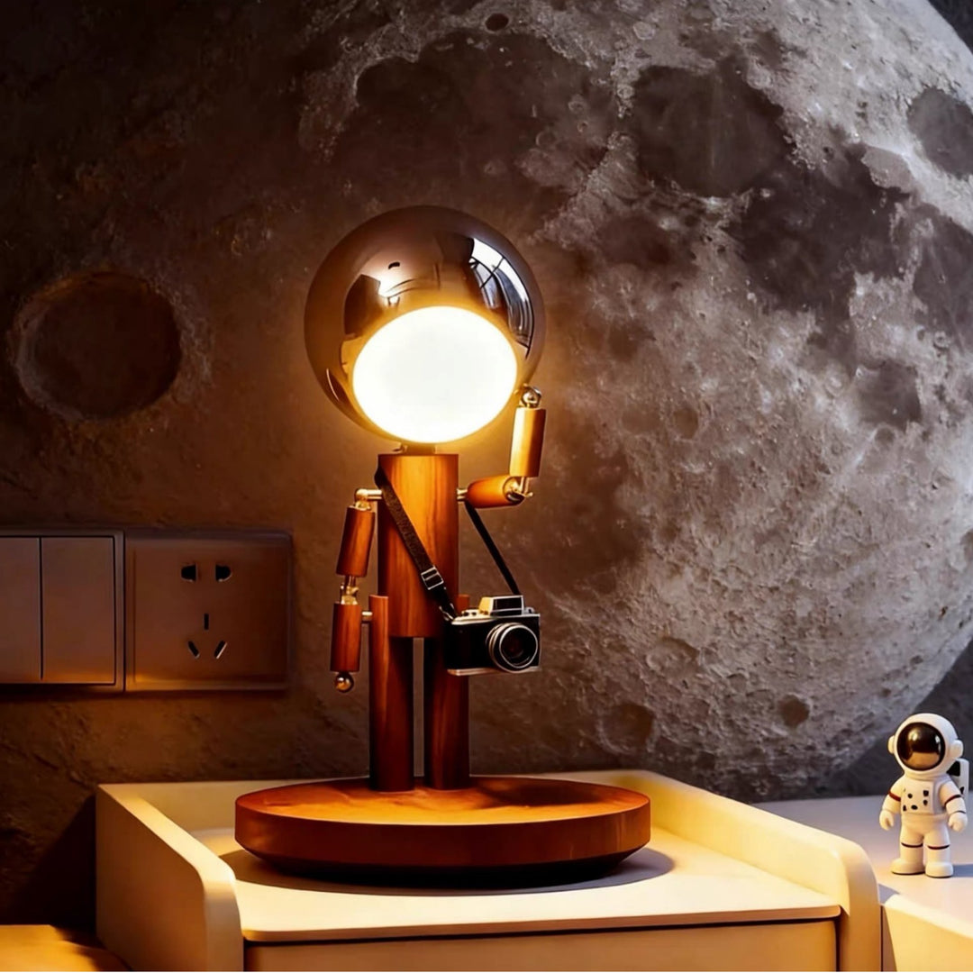 Bamboo articulated magnetic desktop lamp with mirrored orb head Bowlift