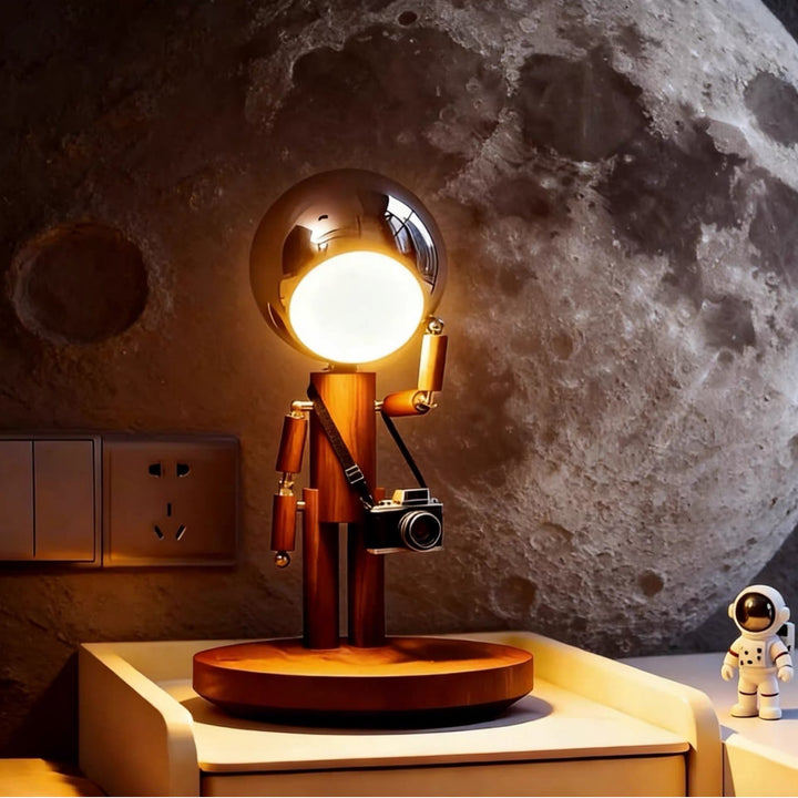 Bamboo articulated magnetic desktop lamp with mirrored orb head Bowlift