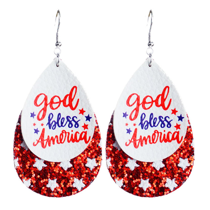 Women's patriotic drop earrings made of faux leather with glitter stars and the inscription Bowlift