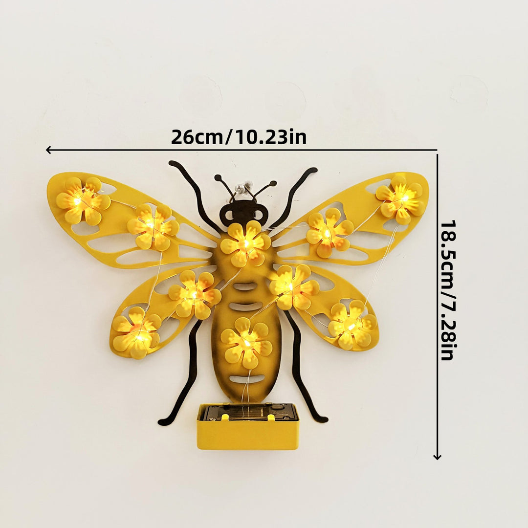 Decorative Solar LED Bee Wall Sculpture With Floral String Lights And Metal Mount Bowlift