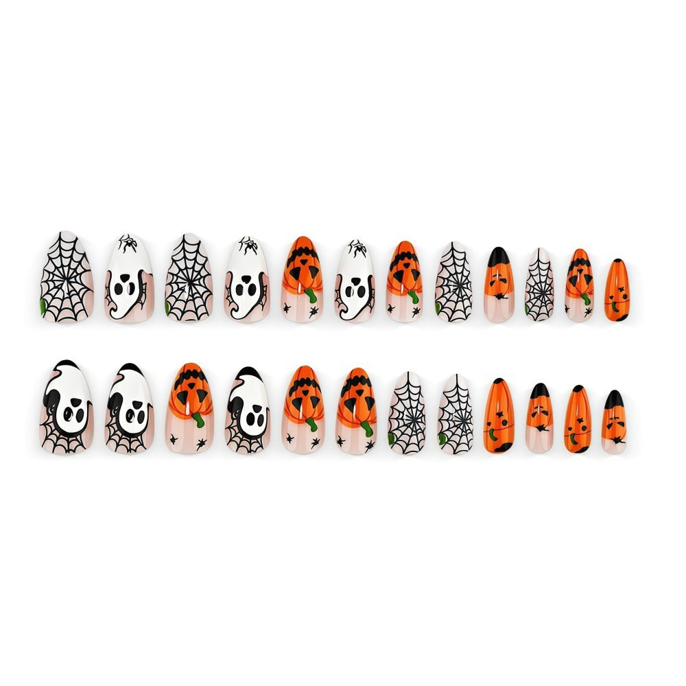 Halloween-themed artificial nails with spooky ghost and pumpkin design Bowlift