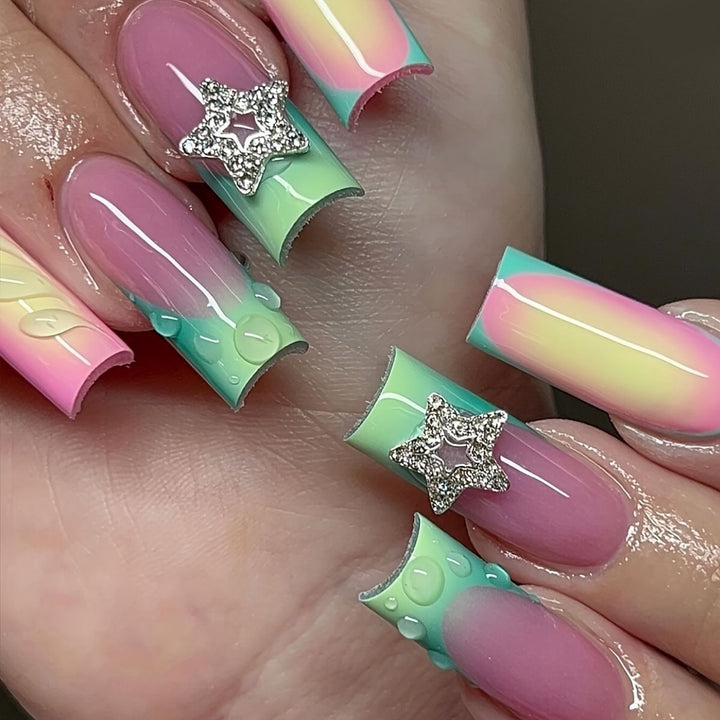 Artistic Ombre Press-On Nails with Gemstone Accents Bowlift