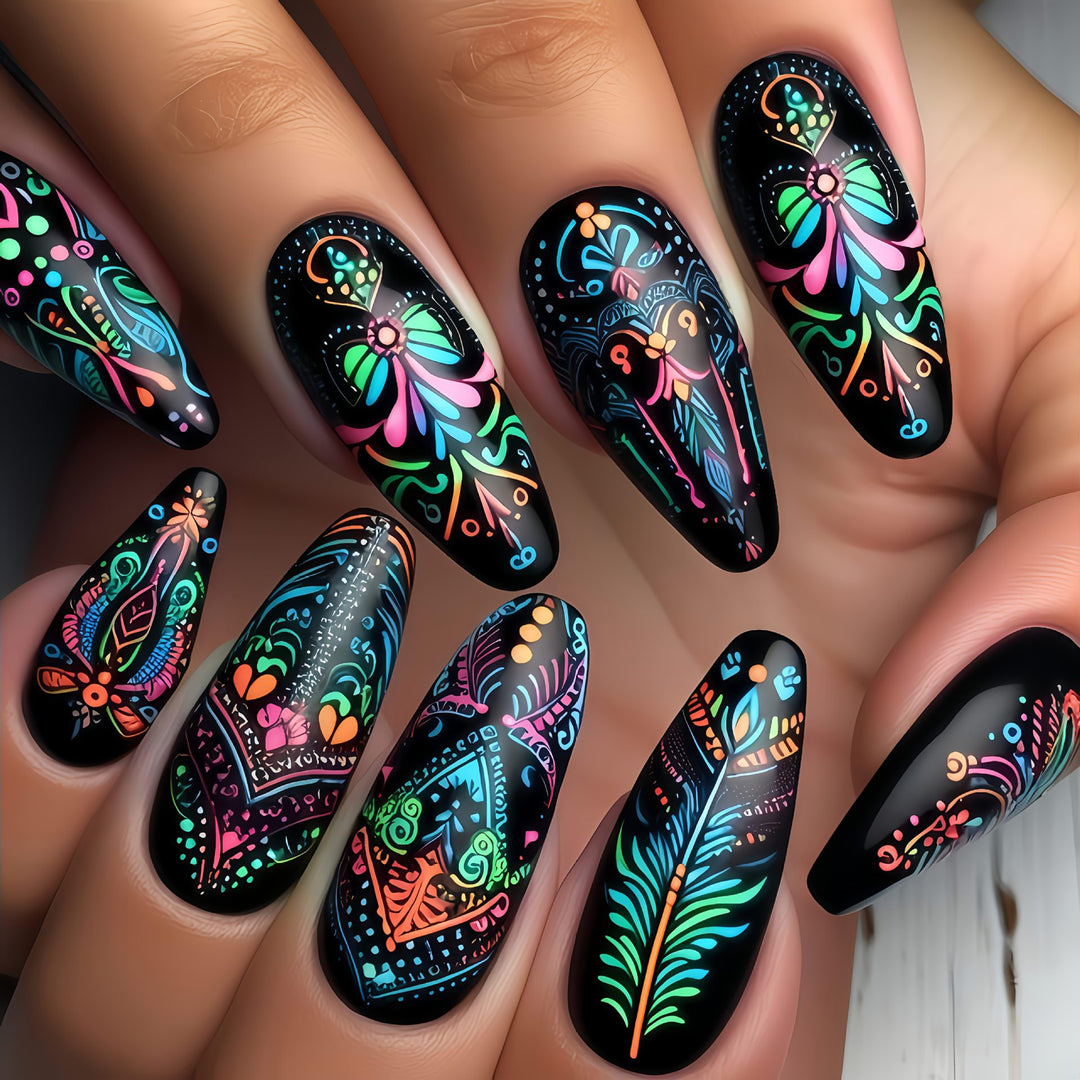 Art nails with delicate floral design and vibrant color plays Bowlift