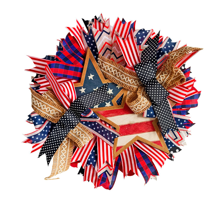 Unisex nan more patriotic door wreath with wooden star, multi-layered fabric bows and rustic jute ribbon Bowlift