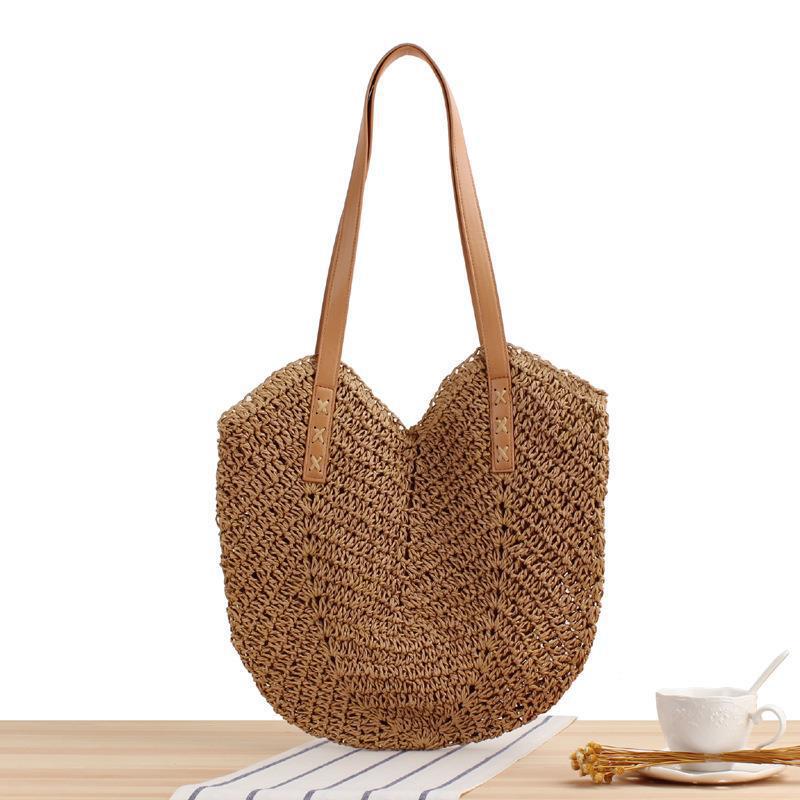 Generous straw shoulder bag with leather handles Bowlift