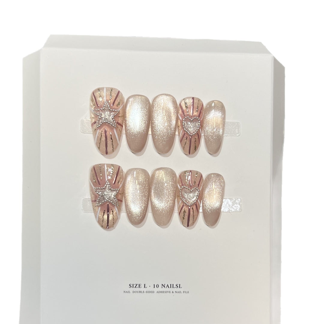 Fashionable Press-On Nail Set with Glamorous Star and Heart Designs Bowlift