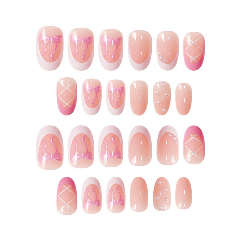 Elegant Decorative Press-On Nail Set with Bow and Pearl Accents Bowlift