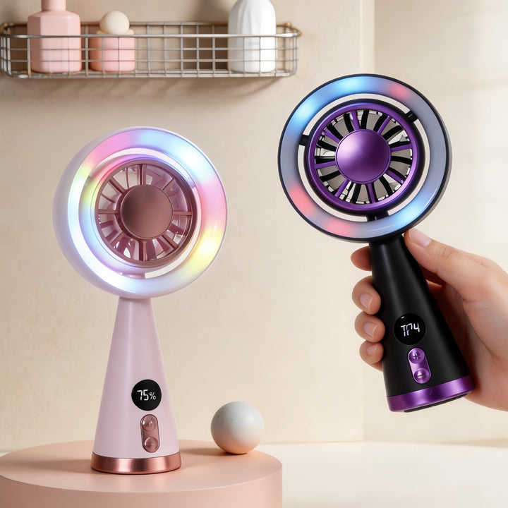 Women's Portable Mini Fan with LED Lighting and Digital Speed Display Bowlift