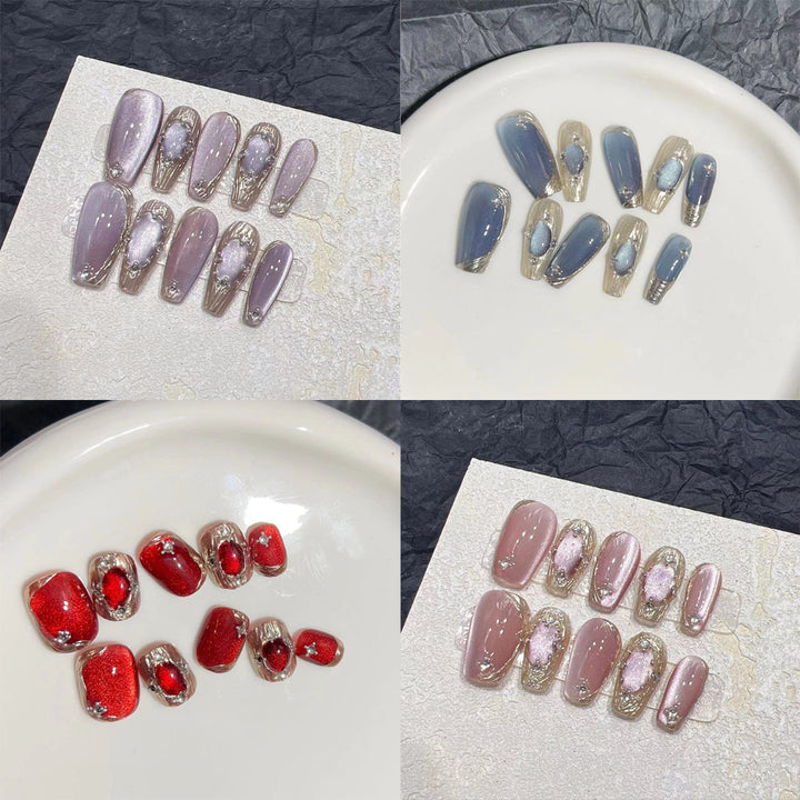 Elegant Press-On Nail Set with Artistic Metallic Design Bowlift