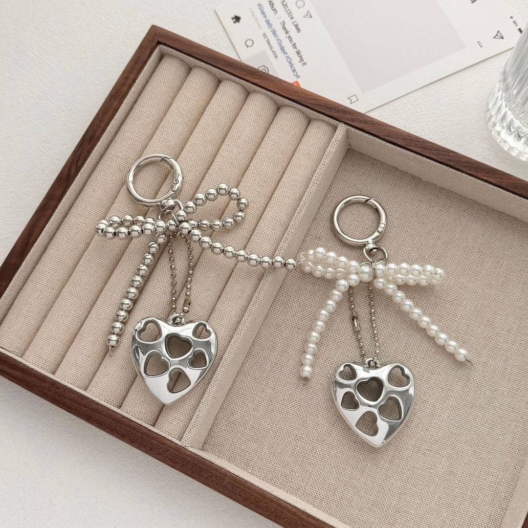Heart-Shaped Charm Keychain with Beaded Bow Bowlift