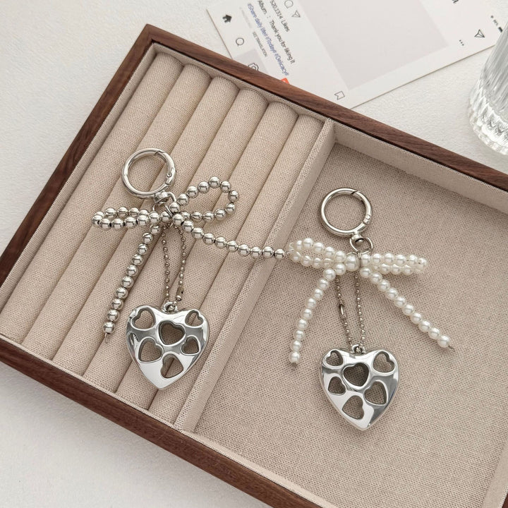 Heart-Shaped Charm Keychain with Beaded Bow Bowlift