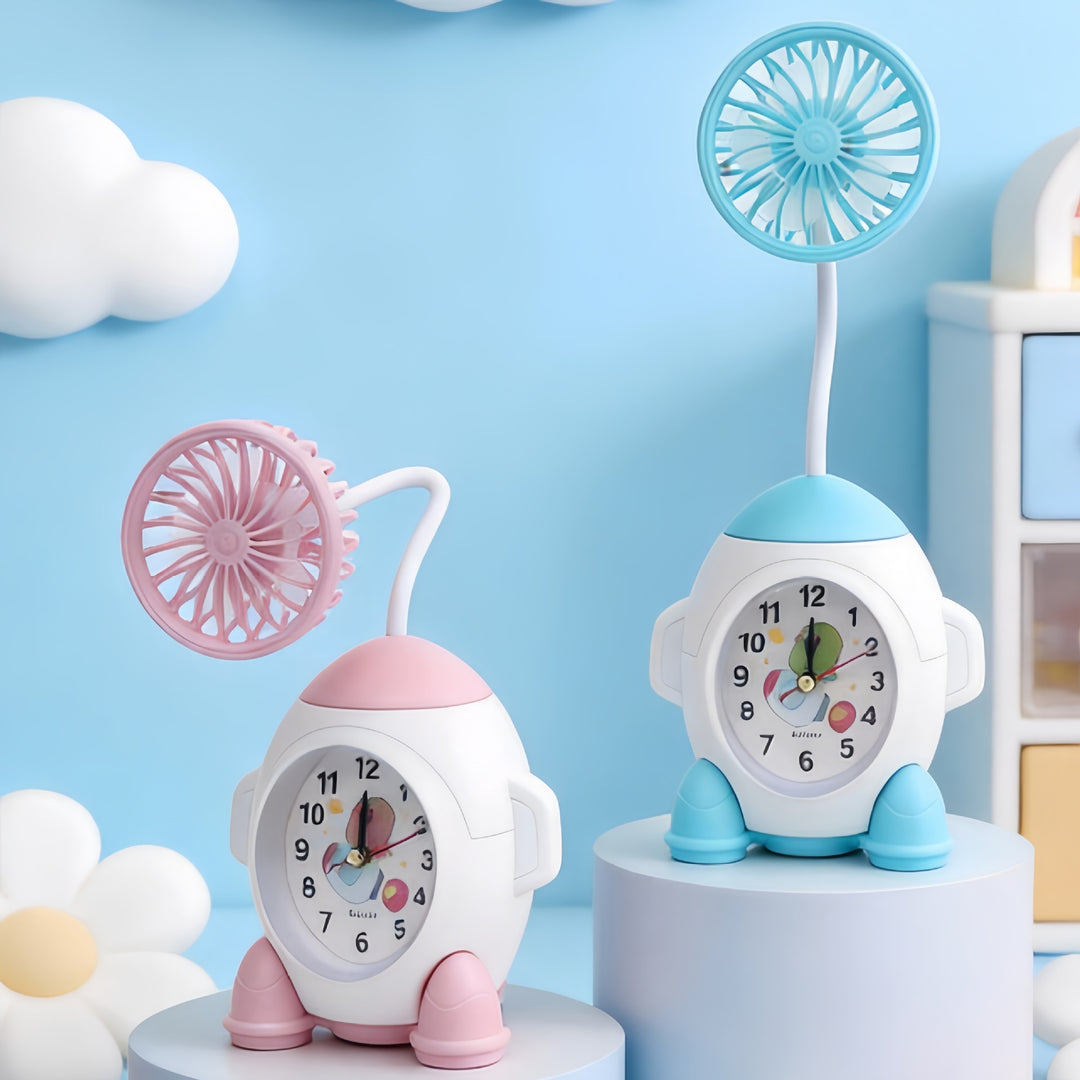 Usb-table fan with integrated clock and flexible tilt Bowlift