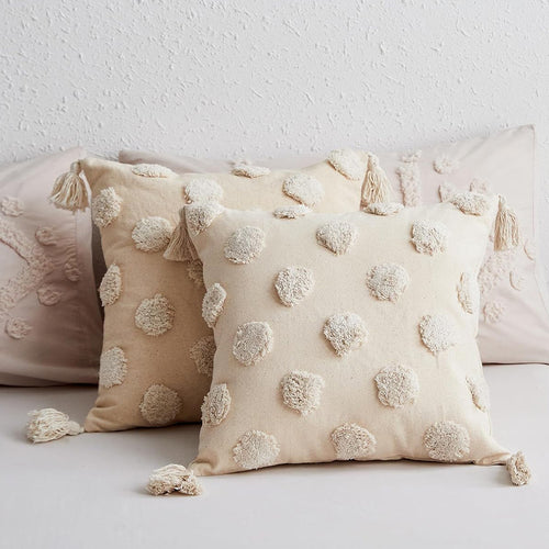 Square cotton-linen cushion cover with 3D pompom tufting and corner tassels Bowlift