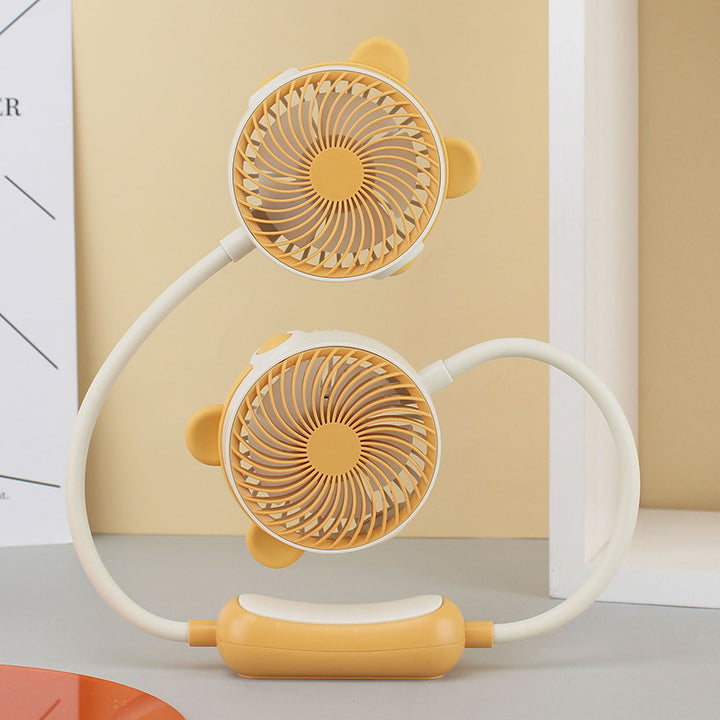 Unisex portable double-neck fan with flexible gooseneck, rechargeable battery and quiet motor Bowlift