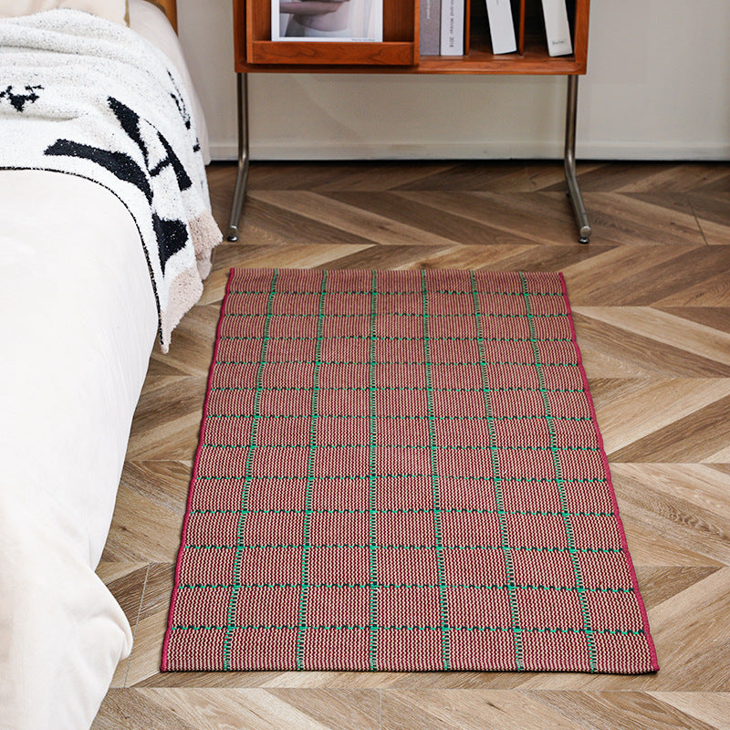 woven living room runner with fringes and geometric weave pattern