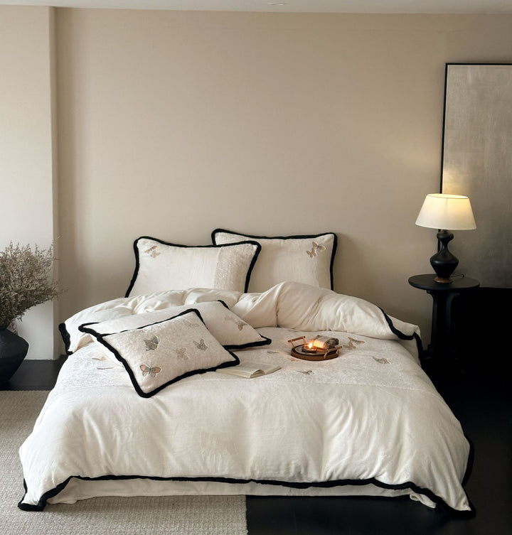 Luxurious velvet duvet cover set with embroidered pillows and contrast piping Bowlift