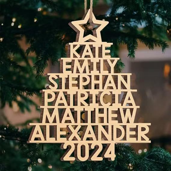 Laser-Cut Wooden Stacked-Name Christmas Tree Ornament With Customizable Family Name Tiers And Hanging Loop