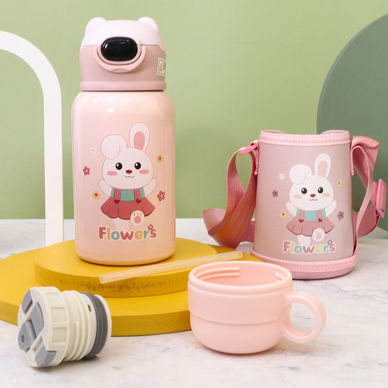 Ladies insulated drinking bottle with cute frog design and practical carrying strap Bowlift