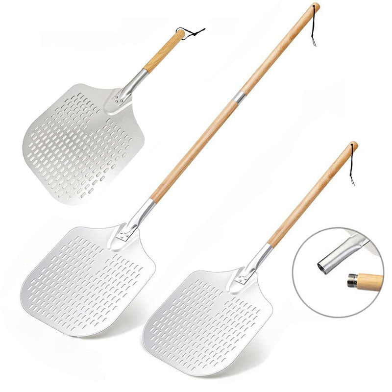 long-handled perforated pizza peel set with wooden handle stainless steel cutter and triangle server Bowlift