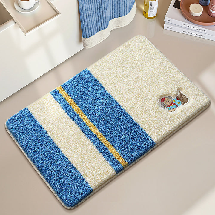 Playful Striped Cartoon Dog Bath Mat Bowlift