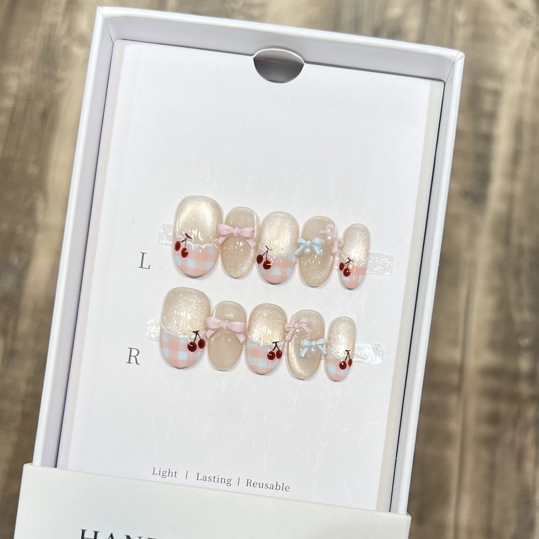 Decorative Press-On Nail Art Set with Charming Bow and Cherry Accents Bowlift