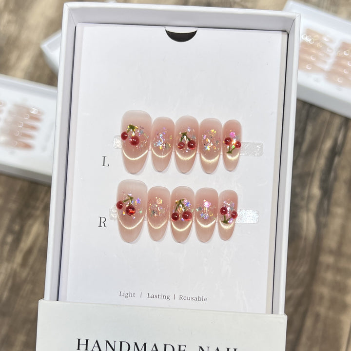 Handmade Cherry-Embossed Press-On Nail Set Bowlift