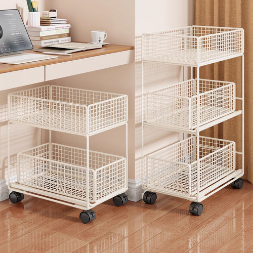 Compact Two-Tier Rolling Metal Mesh Storage Trolley with Locking Swivel Casters