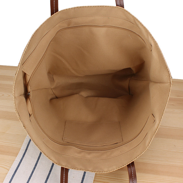 Trendy Beach Bag Made of Woven Straw and Leather Accents Bowlift