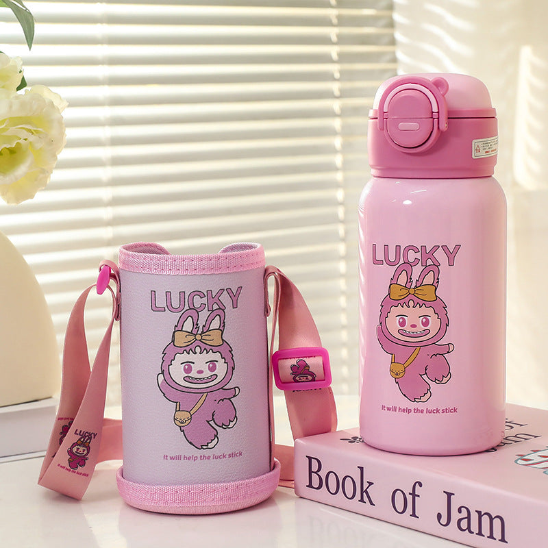 Ladies insulated drinking bottle with cute frog design and practical carrying strap Bowlift