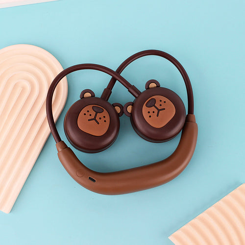 Unisex portable USB neck fan with two animal-shaped fan heads, flexible neckband, rechargeable Bowlift