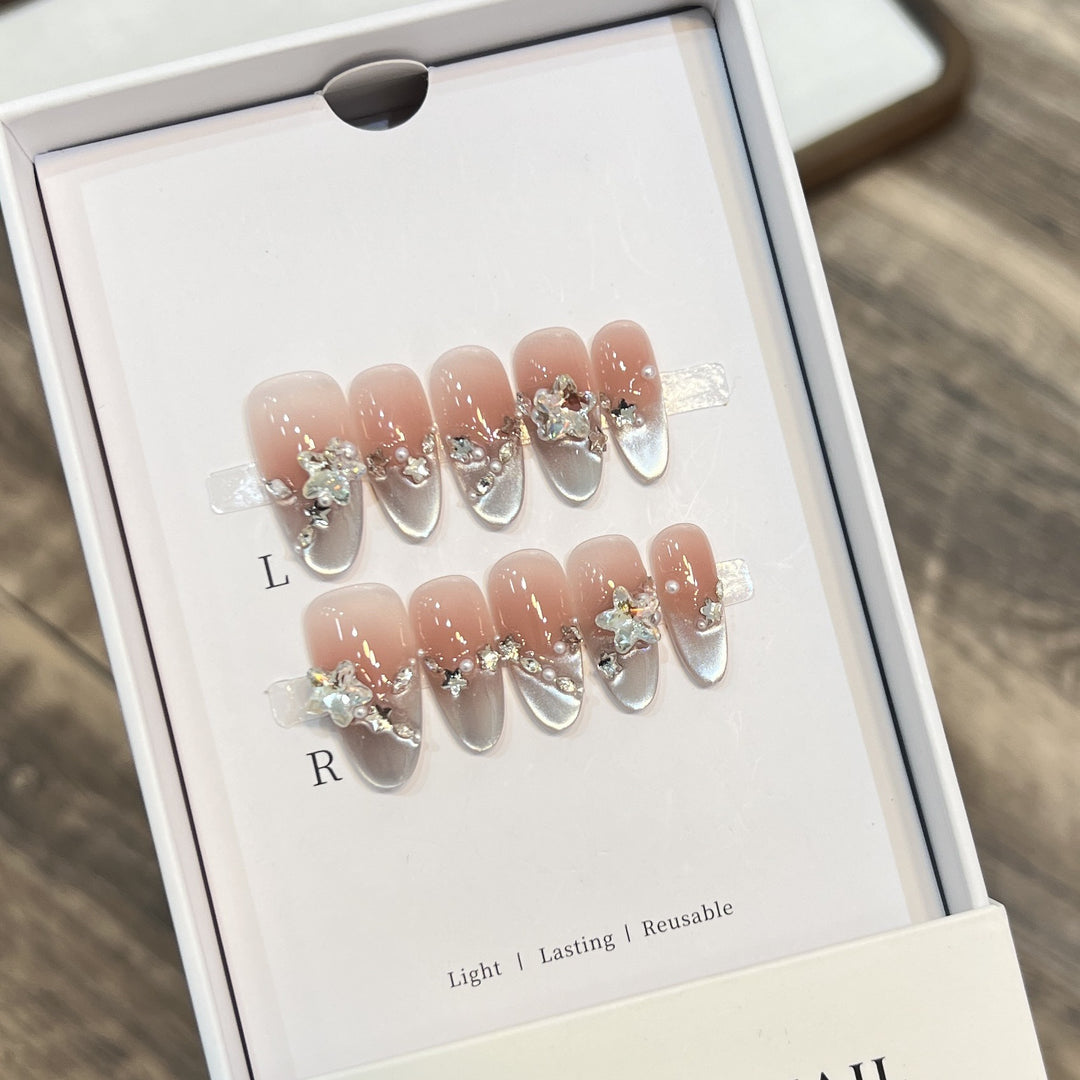 Elegant Press-On Almond Nails with Floral Accents Bowlift