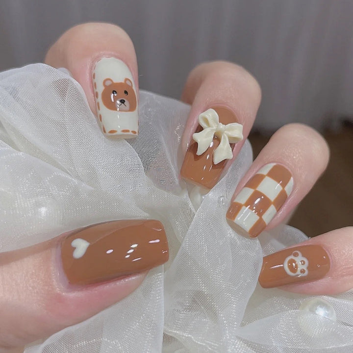 Playful Bear-Themed Press-On Nail Set