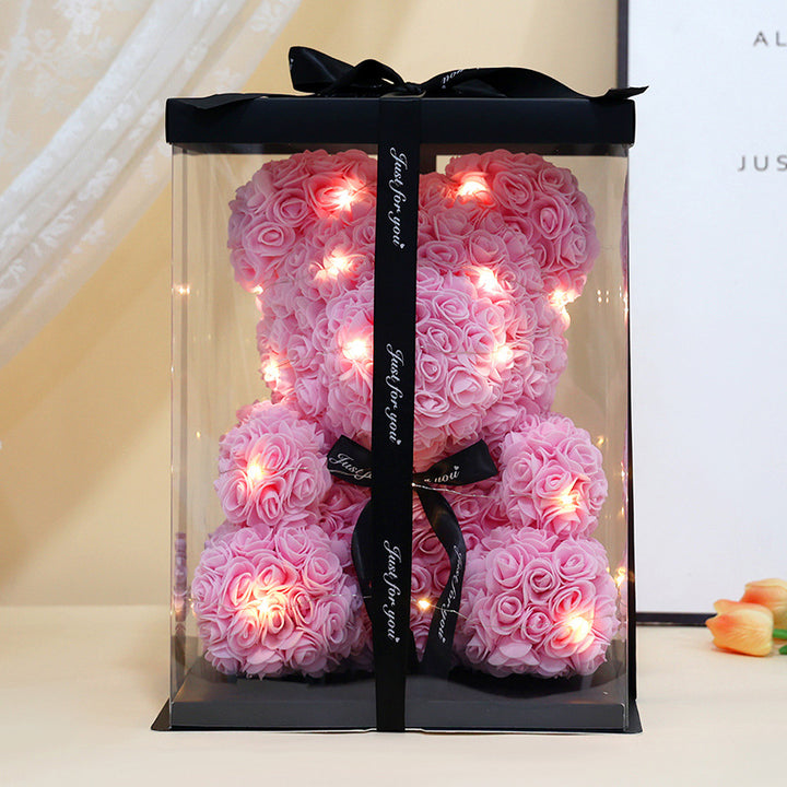 Foam Rose Teddy Bear Gift Sculpture With Satin Ribbon Bow