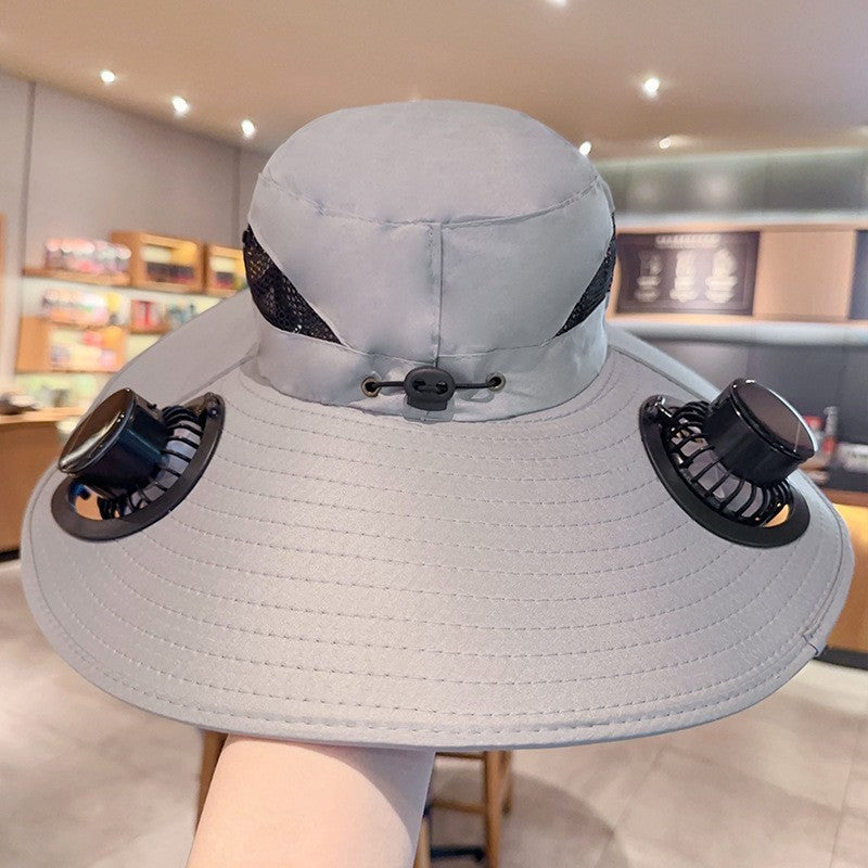 Ventilated sun hat with integrated battery fans, breathable mesh inserts, and adjustable chin strap Bowlift