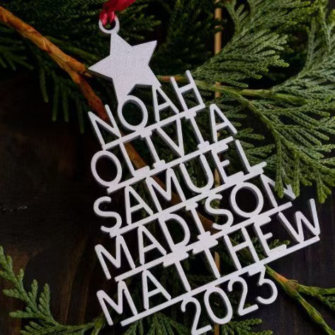 Laser-Cut Wooden Stacked-Name Christmas Tree Ornament With Customizable Family Name Tiers And Hanging Loop